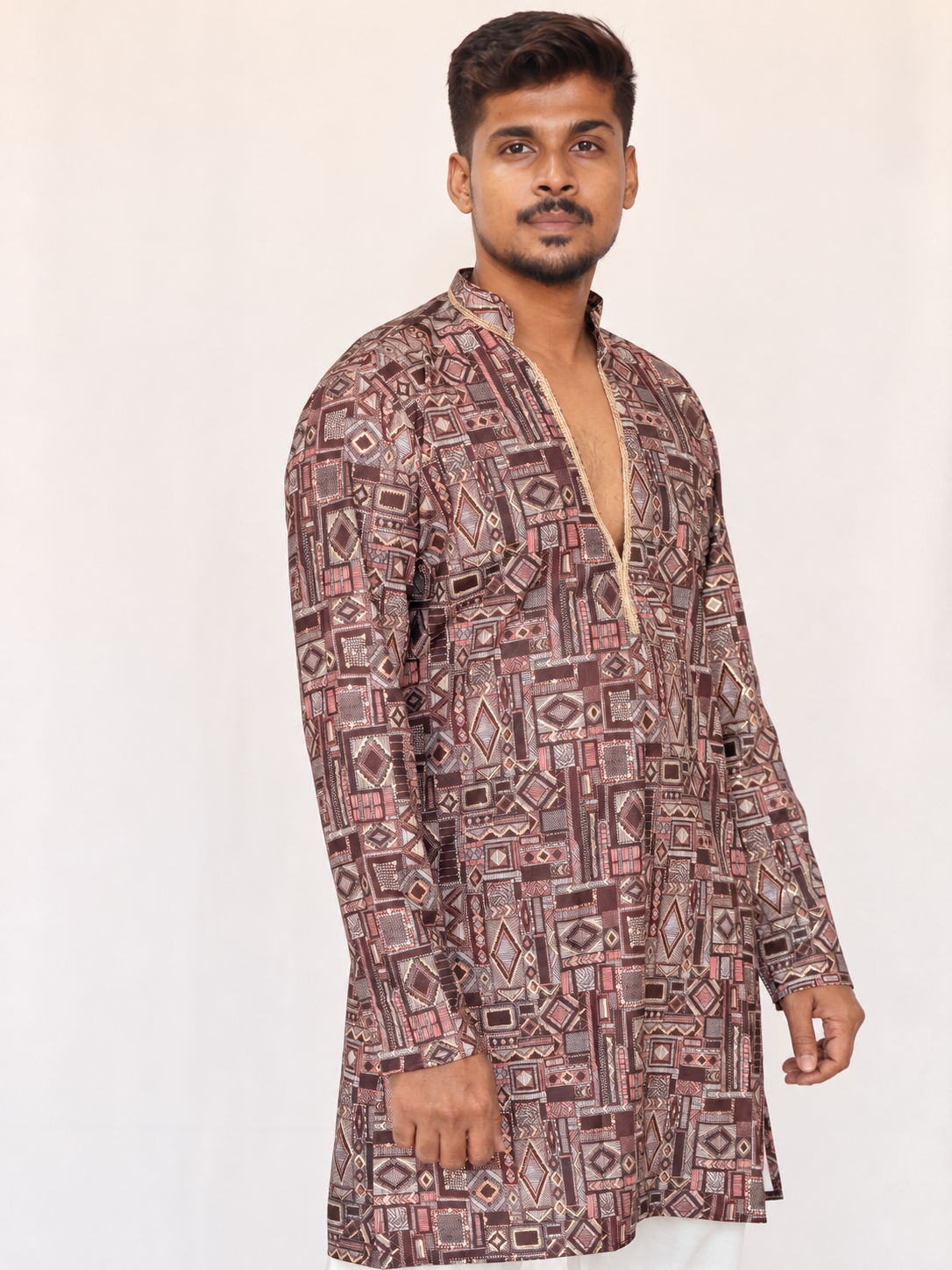 Men’s Maroon Brown Printed Kurta Pajama Set, Armani Fabric Geometric Print Kurta, Indian Festive Wear, Diwali Outfit, Men’s Navratri outfit
