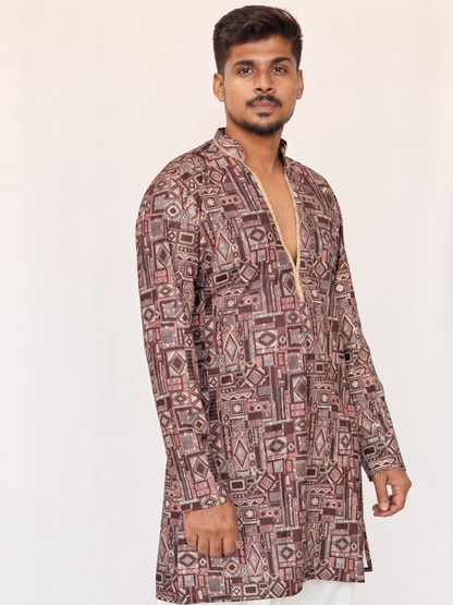 Men’s Maroon Brown Printed Kurta Pajama Set, Armani Fabric Geometric Print Kurta, Indian Festive Wear, Diwali Outfit, Men’s Navratri outfit