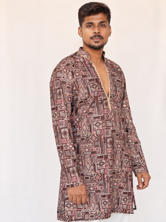 Men’s Maroon Brown Printed Kurta Pajama Set, Armani Fabric Geometric Print Kurta, Indian Festive Wear, Diwali Outfit, Men’s Navratri outfit