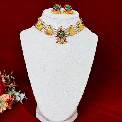 Antique Gold Temple Choker Necklace Set, Lakshmi Coin Necklace, Green Red Stone Bridal Jewelry, South Indian Wedding Jewelry, Festive Ethnic