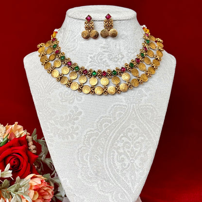 Temple Coin Necklace Set, Antique Gold Lakshmi Necklace, Red Green Stone Choker, South Indian Jewelry Set, Bridal Festive Necklace