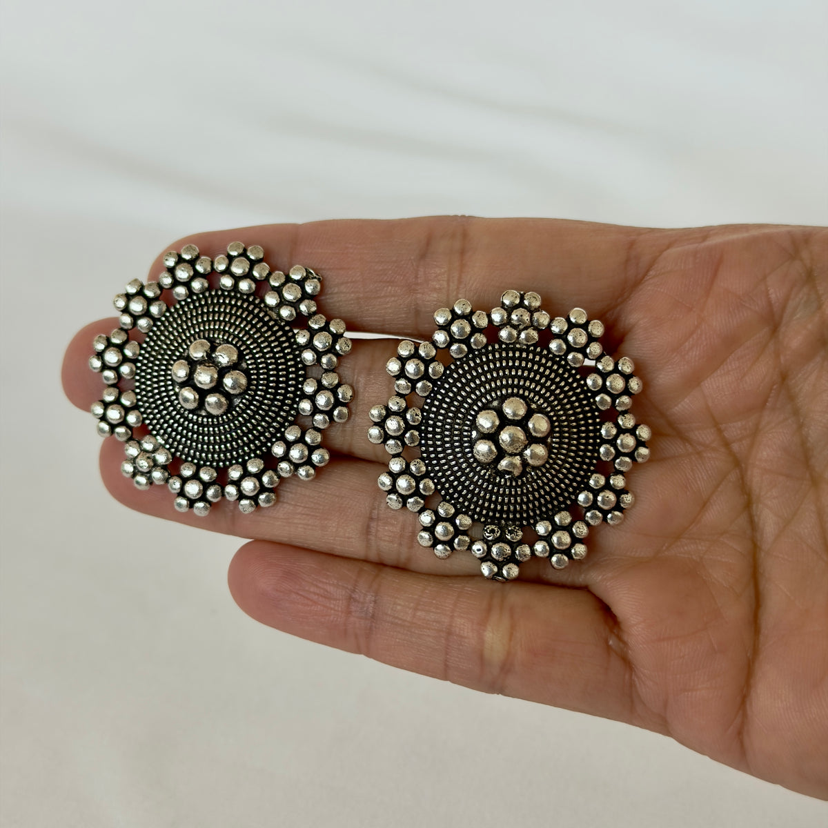 Oxidized Silver Round Stud Earrings, Floral Statement Earrings, German Silver Tribal Jewelry, Boho Ethnic Earrings, Indian Jewelry for Women