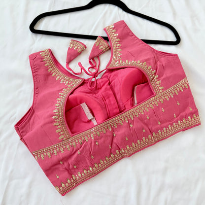 Deep Rose Pink Jacquard Saree Blouse, Gold Embroidered Designer Blouse, Deep Back Neck Blouse with Latkan, Ready to Wear Indian Blouse,