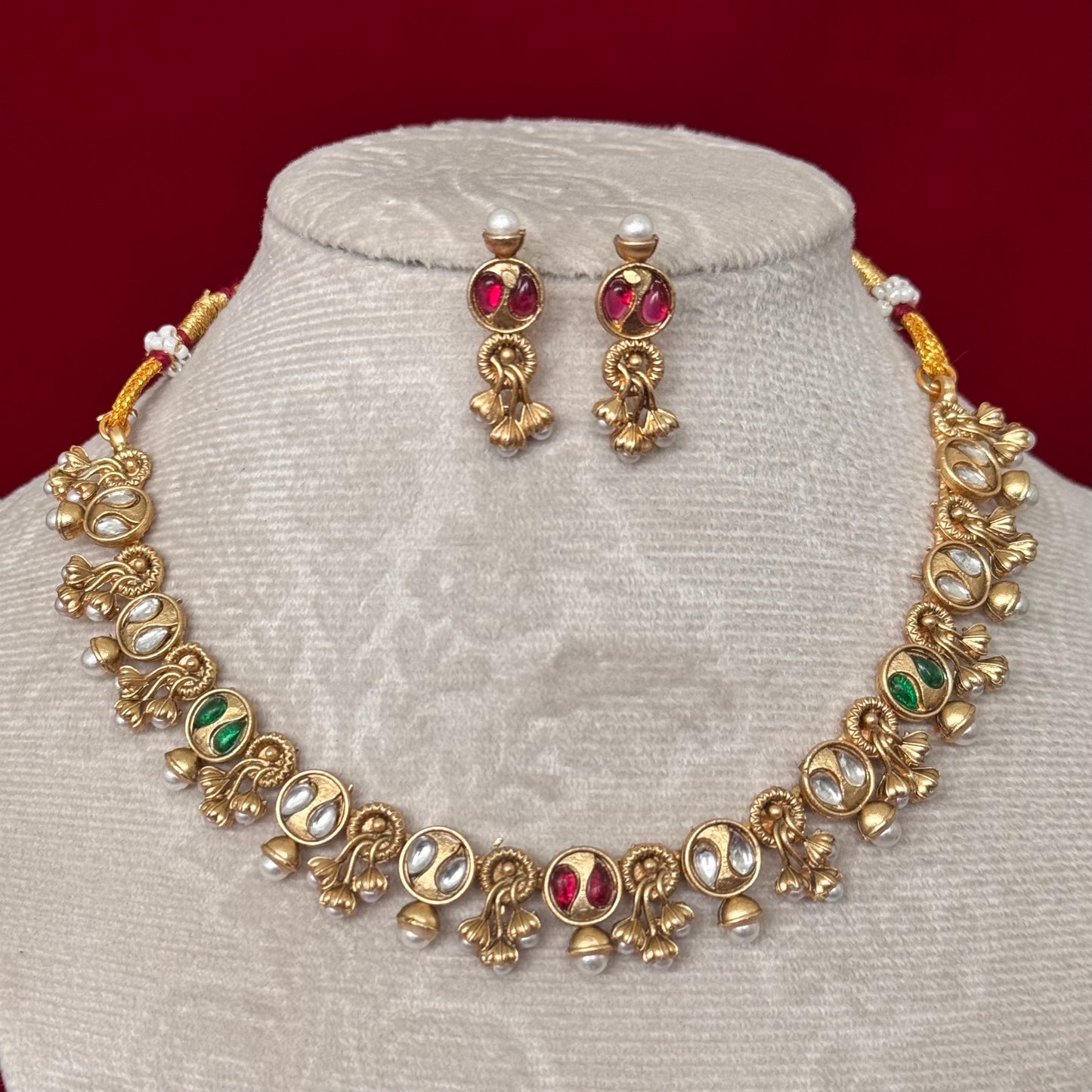 Majak Necklace Set | Antique Gold Tone Temple Jewelry Set | Kundan & Pearl Choker Necklace | Traditional Indian Bridal Necklace | Festive We