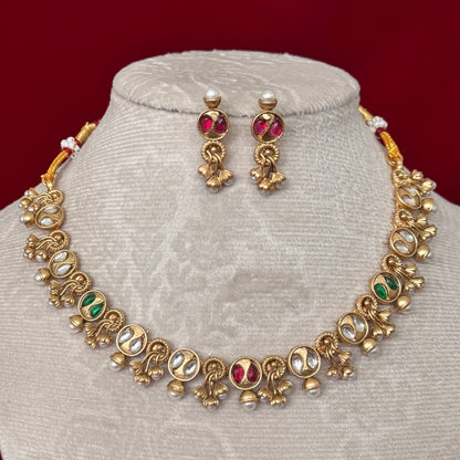 Majak Necklace Set | Antique Gold Tone Temple Jewelry Set | Kundan & Pearl Choker Necklace | Traditional Indian Bridal Necklace | Festive We