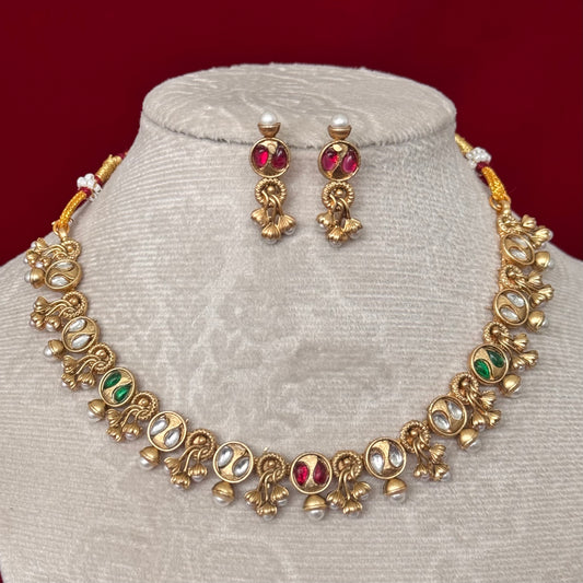 Majak Necklace Set | Antique Gold Tone Temple Jewelry Set | Kundan & Pearl Choker Necklace | Traditional Indian Bridal Necklace | Festive We