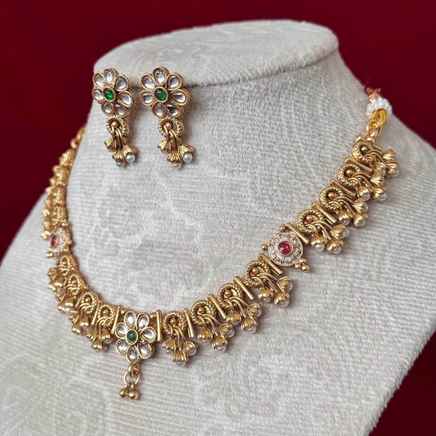 Antique Gold Majak Necklace Set with Earrings | Floral Kundan Choker | Traditional Indian Bridal Jewelry | South Indian Wedding Necklace