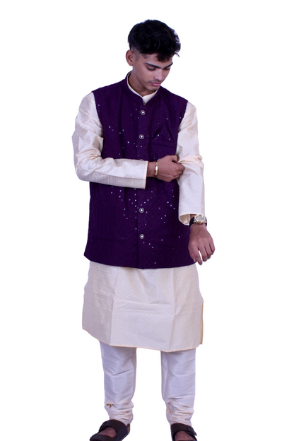 Men’s Cream Kurta Pajama with Purple Sequence Nehru Jacket – Festive & Wedding Wear Set, party wear, engagement Kurta pajama, men’s wear