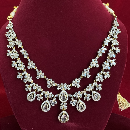 Diamond Look Bridal Necklace Set, Double Layer CZ Floral Necklace with Teardrop Drops, Indian Wedding Jewelry, Party Wear Set