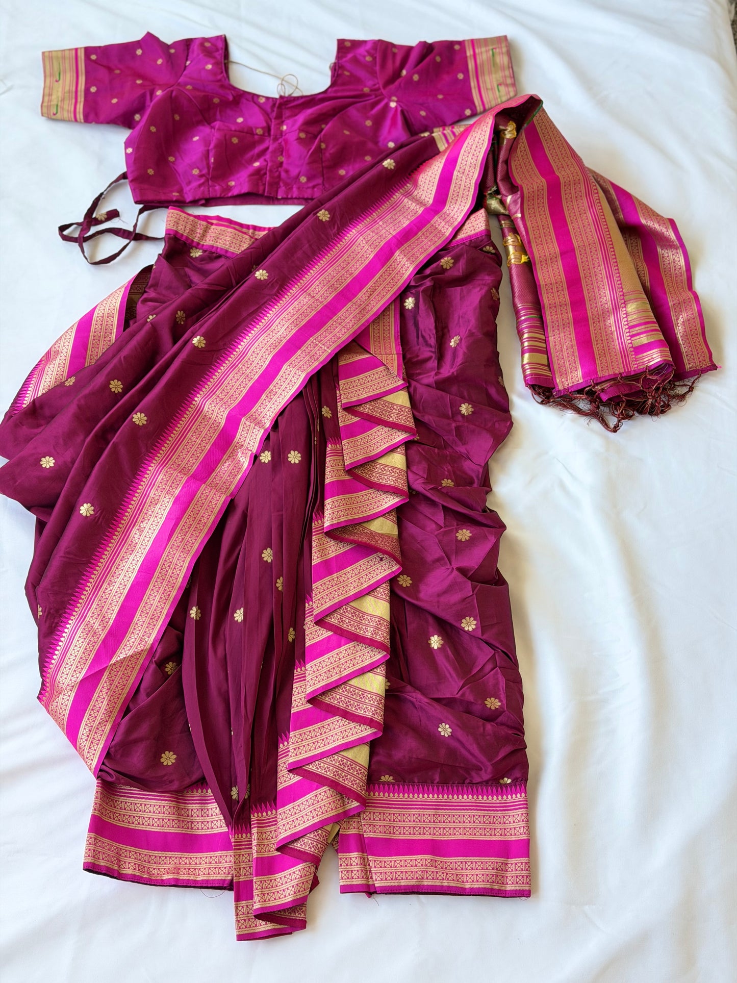 Ready to Wear Nauvari Saree with Blouse | Wine Shahi Mastani Style | Semi Silk Paithani 9 Yard Saree | Fully Stitched Maharashtrian Saree