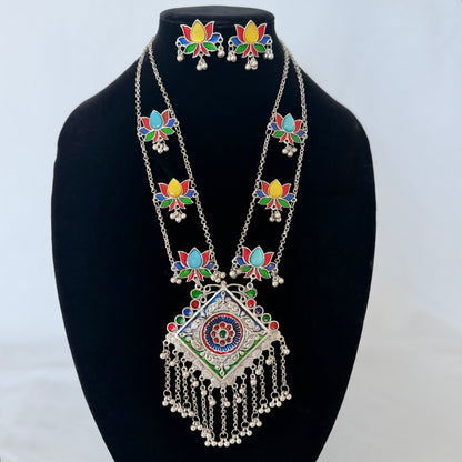 Oxidized Silver Necklace Set, Long Indian Statement Necklace, Colorful Lotus Jewelry, Ghungroo Pendant, Ethnic Boho Necklace Earrings,