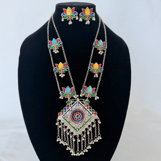 Oxidized Silver Necklace Set, Long Indian Statement Necklace, Colorful Lotus Jewelry, Ghungroo Pendant, Ethnic Boho Necklace Earrings,