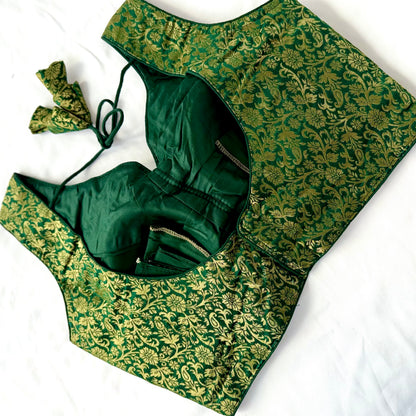 Emerald Green Brocade Blouse, Gold Designer Blouse, Padded Indian Blouse, Deep Back Ready to Wear Blouse, Wedding festive blouse, Crop top