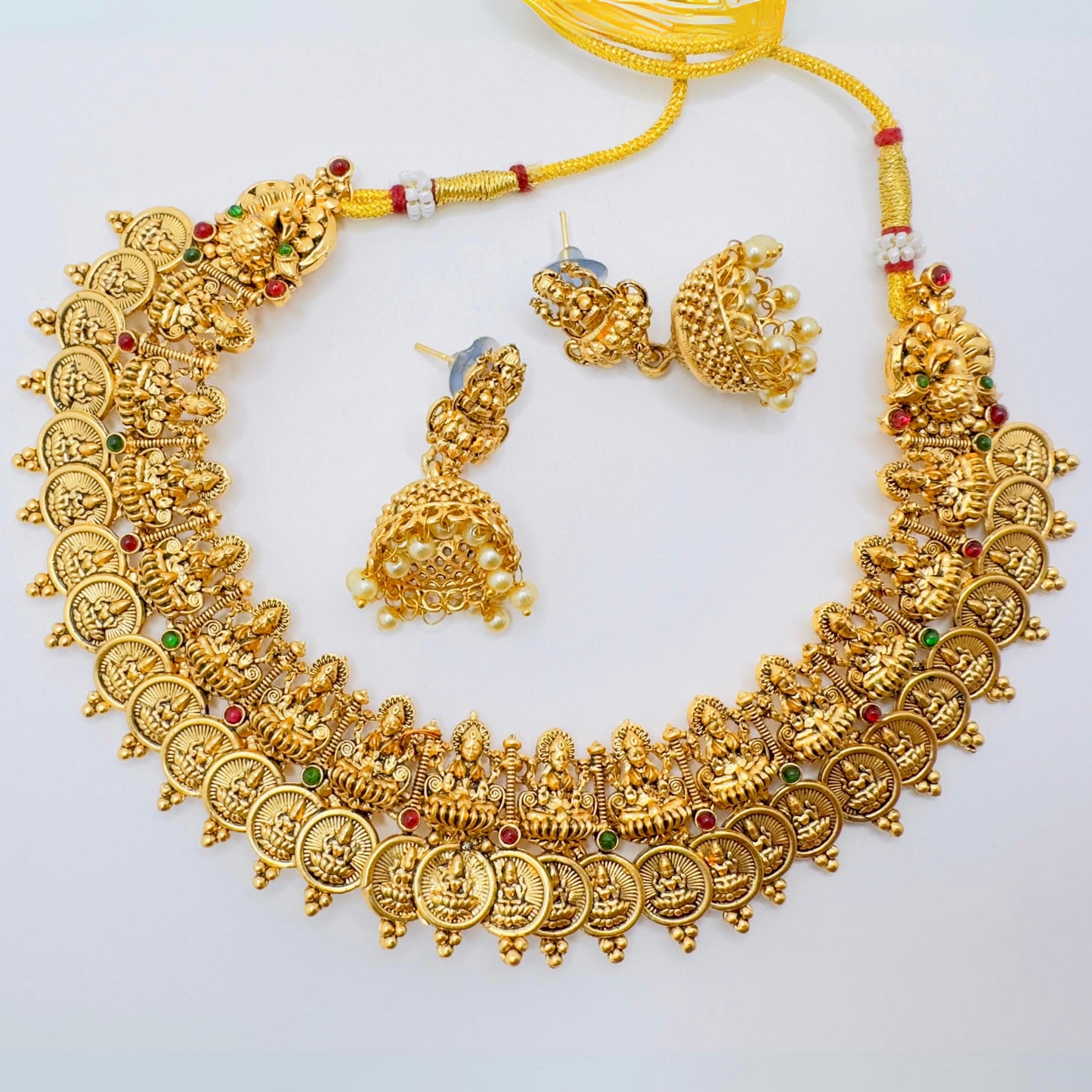Antique Temple Coin Necklace Set with Lakshmi Design & Jhumka Earrings | South Indian Bridal Jewelry | Traditional Gold Finish Choker
