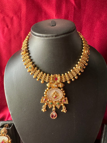 Royal Antique Gold Necklace Set with Statement Pendant & Earrings | Traditional Indian Bridal Jewelry | Ethnic Wedding & Festive Necklace Set