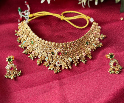 Antique Gold Indian Choker Necklace Set with Earrings, Multicolor Stone Temple Jewelry, Traditional Bridal Wedding Statement Necklace Set