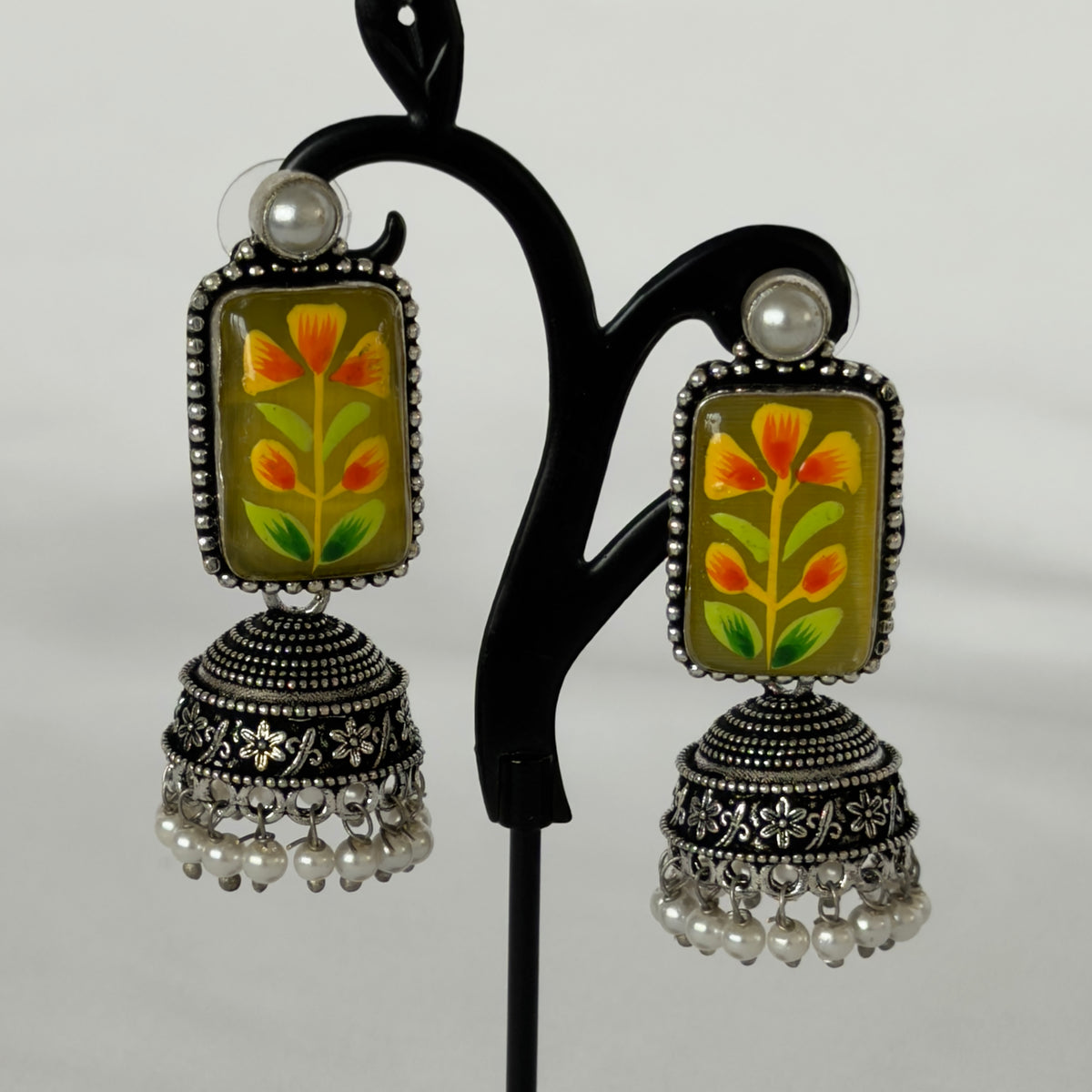 Hand Painted Mustard Green Jhumka Earrings, Oxidized Silver Floral Earrings, Pearl Drop Indian Earrings, Boho Statement Jewelry, Navratri Ea