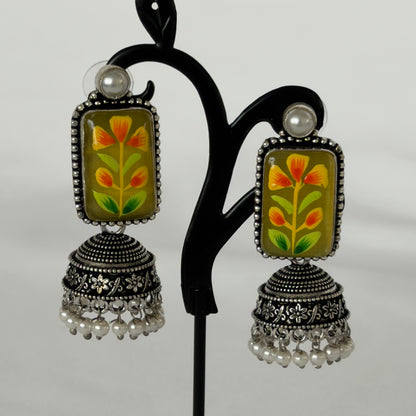 Hand Painted Mustard Green Jhumka Earrings, Oxidized Silver Floral Earrings, Pearl Drop Indian Earrings, Boho Statement Jewelry, Navratri Ea