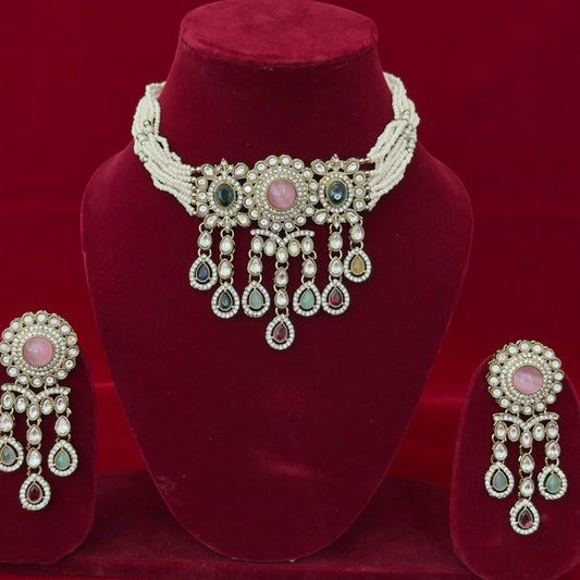 Pearl Choker Necklace Set with Multicolor Stones, Indian Bridal Jewelry, Statement Wedding Necklace Earrings, Traditional Jewelry, Ships USA