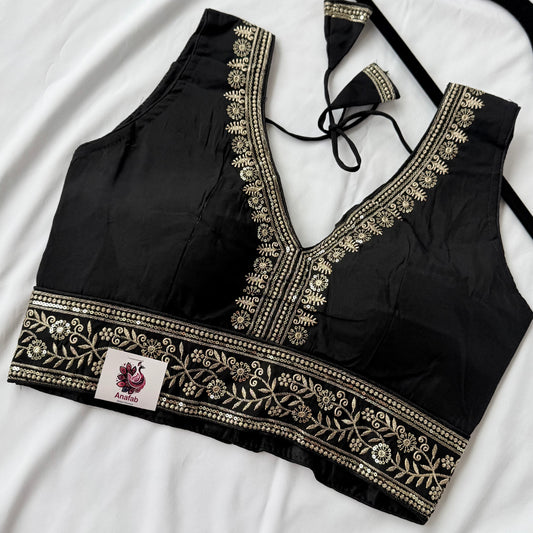 Black Saree Blouse, Gold Zari Embroidered Blouse, Ready to Wear Indian Blouse, Sleeveless Designer Blouse, Wedding Festive Blouse