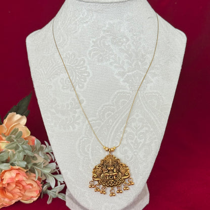 Antique Gold Lakshmi Pendant Necklace, Invisible Chain Temple Jewelry, South Indian Long Necklace, Traditional Ethnic Pendant Gift for Women