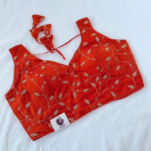 Orange Fendy Silk Blouse, Gold Sequin Butti Embroidery Saree Blouse, Readymade Indian Blouse, Padded Designer Blouse, lehenga blouse, crop t