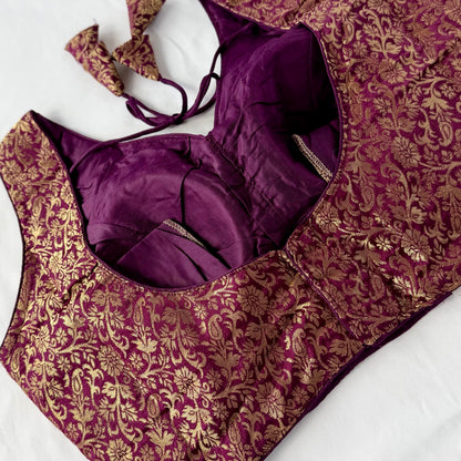 Wine Purple Gold Brocade Blouse, Ready to Wear Indian Blouse, Padded Designer Blouse, Deep Back Neck Blouse, Party wear blouse, crop top