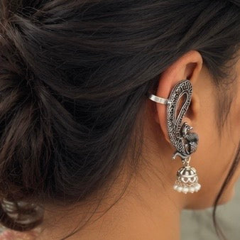 Oxidized Silver Peacock Ear Cuff Earrings, Traditional Jhumka Earrings, Statement Indian Jewelry, Ethnic Ear Wrap Earrings, Boho Jewelry