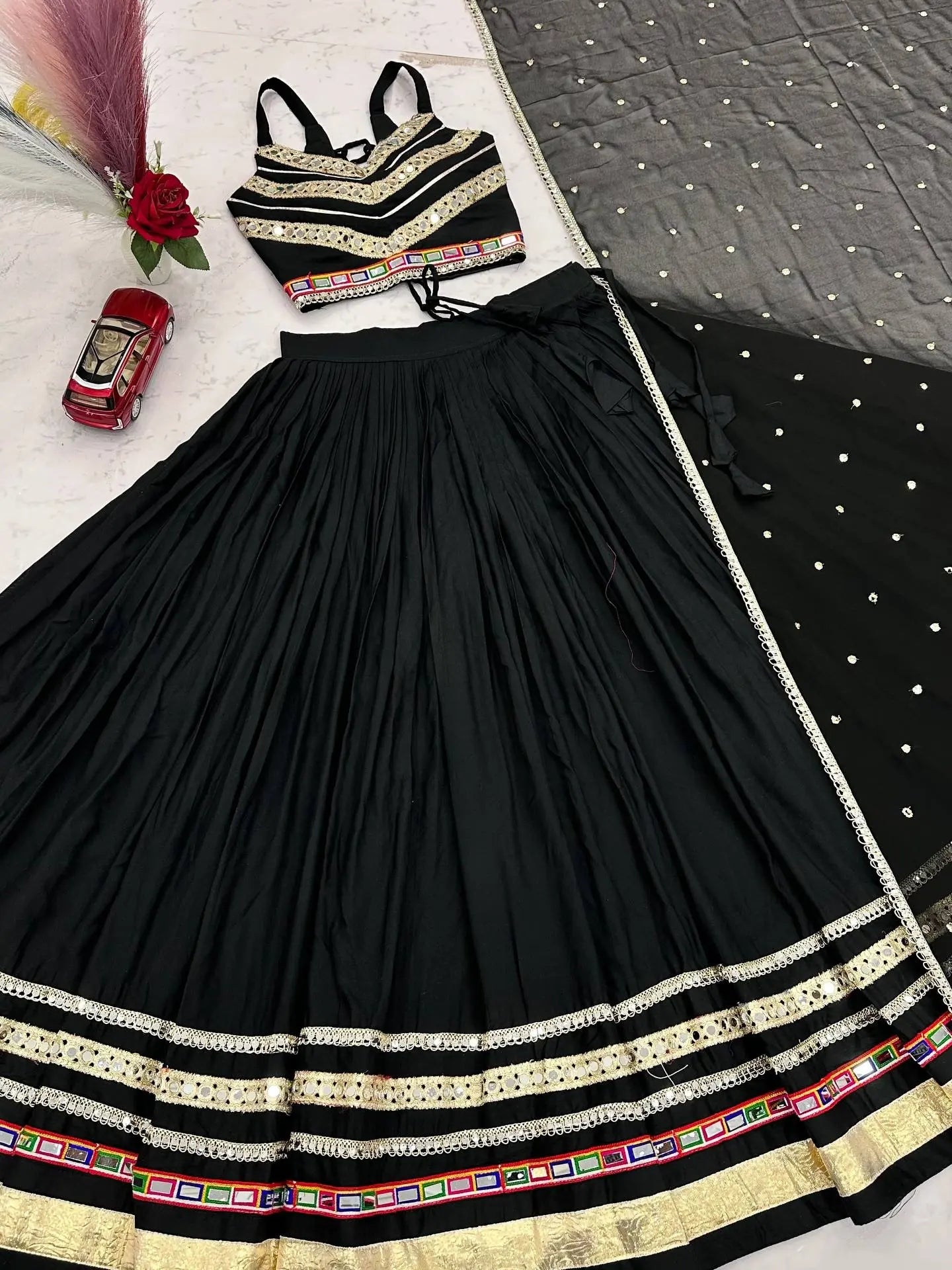 Black Navratri Lehenga Choli, Garba Chaniya Choli with Mirror Work, Cotton Ghagra Choli, Dandiya Outfit, Indian Festival Lehenga with Dupatt