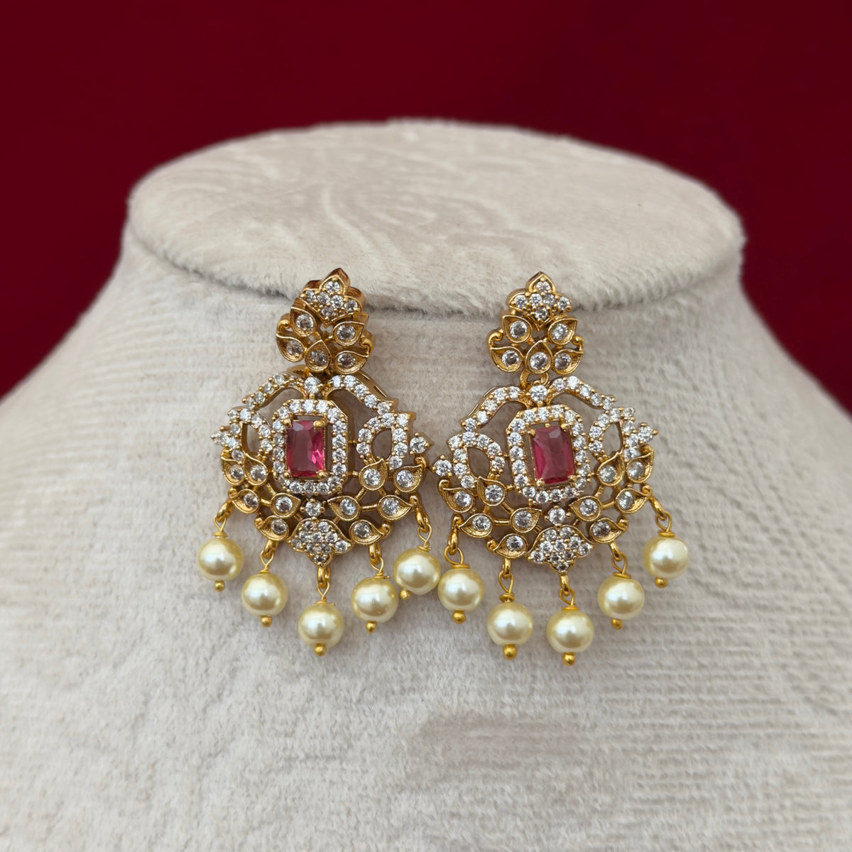 Ruby Red AD Stone Necklace Set, Gold Tone Pendant Necklace with Pearl Drops, Matching Earrings, Indian Wedding Jewelry, Ships from USA