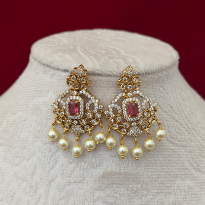 Ruby Red AD Stone Necklace Set, Gold Tone Pendant Necklace with Pearl Drops, Matching Earrings, Indian Wedding Jewelry, Ships from USA