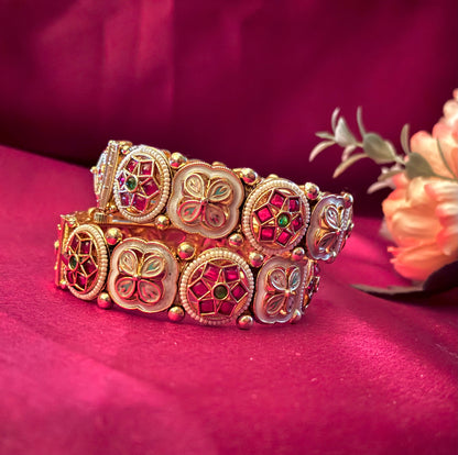 Royal Rajwadi Bangle Set | Handcrafted Kundan and Meenakari Beauty Kada | Festive Jewelry | Traditional Red & White Charm Bracelet