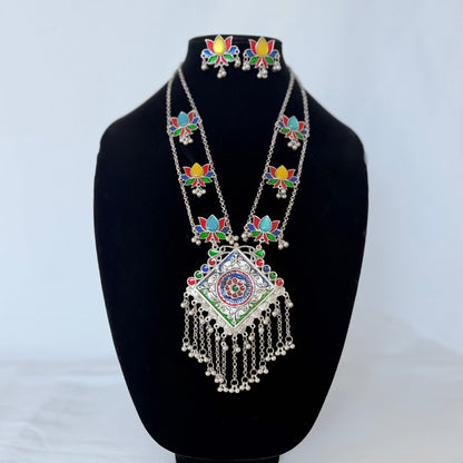 Oxidized Silver Necklace Set, Long Indian Statement Necklace, Colorful Lotus Jewelry, Ghungroo Pendant, Ethnic Boho Necklace Earrings,