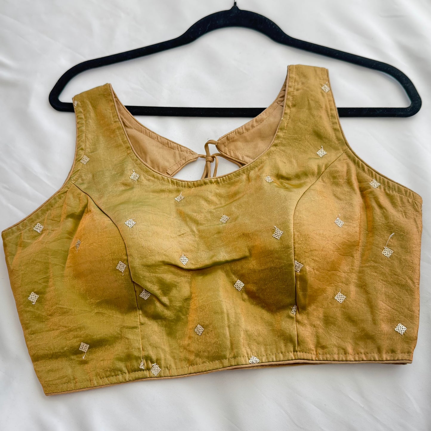 Gold Green Dual Tone Fandy Silk Blouse | Sequins Butti Work, Padded, Back Dori Tassels