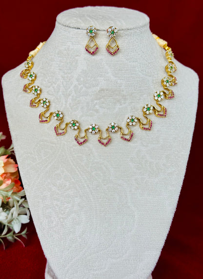 Elegant Floral AD Necklace Set with Ruby Pink Stones & Green Center | Lightweight Gold Finish Necklace with Matching Earrings | Wedding Part