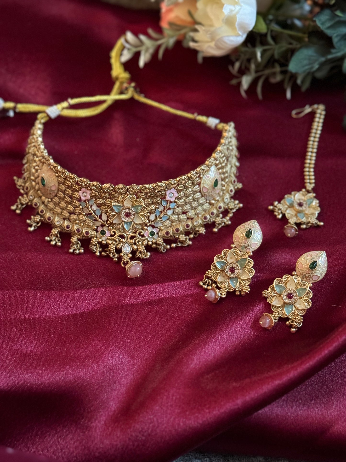 Luxury Antique Gold Temple Choker Necklace Set | Handcrafted Kundan Enamel Bridal Jewelry | Indian Wedding Choker with Earrings & Maang Tikk