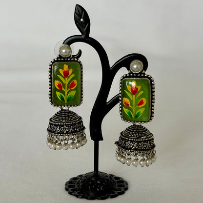 Green Oxidized Silver Handpainted Jhumka Earrings, Floral Indian Earrings, Pearl Drop Earrings, Ethnic Festive Jewelry, Oxidized earrings