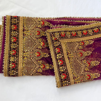 Purple Bridal Net Dupatta, Heavy Zardozi Wedding Dupatta, Dulhan Chunni, Designer Bridal Veil, Indian Wedding Lehenga Dupatta
