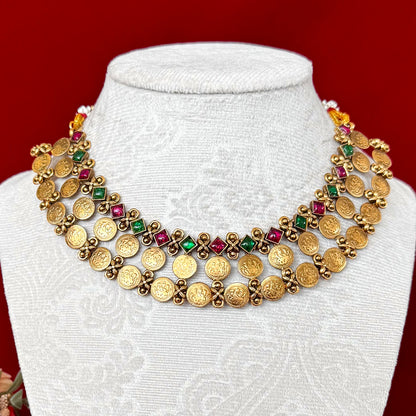 Temple Coin Necklace Set, Antique Gold Lakshmi Necklace, Red Green Stone Choker, South Indian Jewelry Set, Bridal Festive Necklace