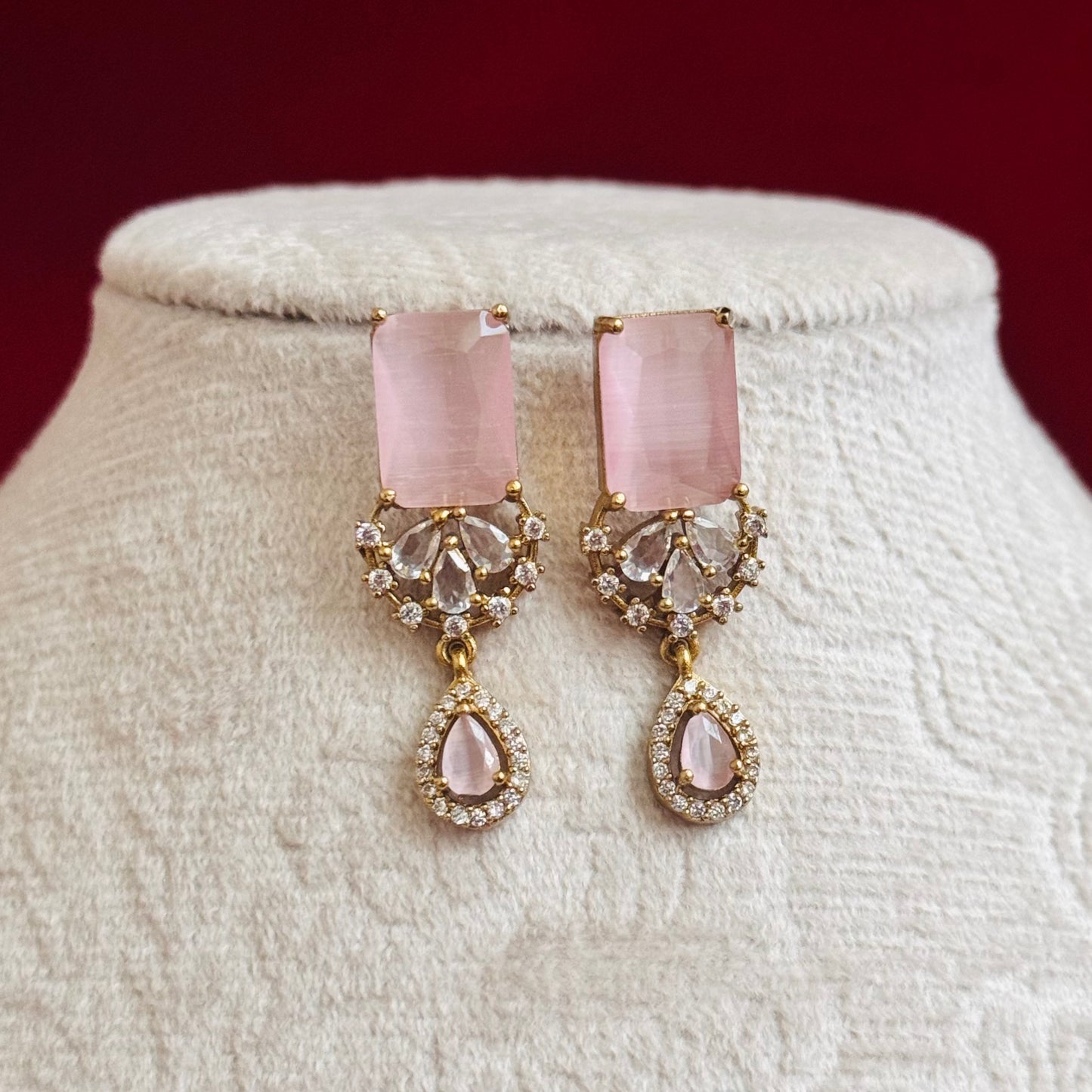 Blush Pink CZ Necklace Set for Women, Indian Wedding Jewelry Set, Gold Tone Statement Necklace, Bridal Party Jewelry, Pink Stone Earrings