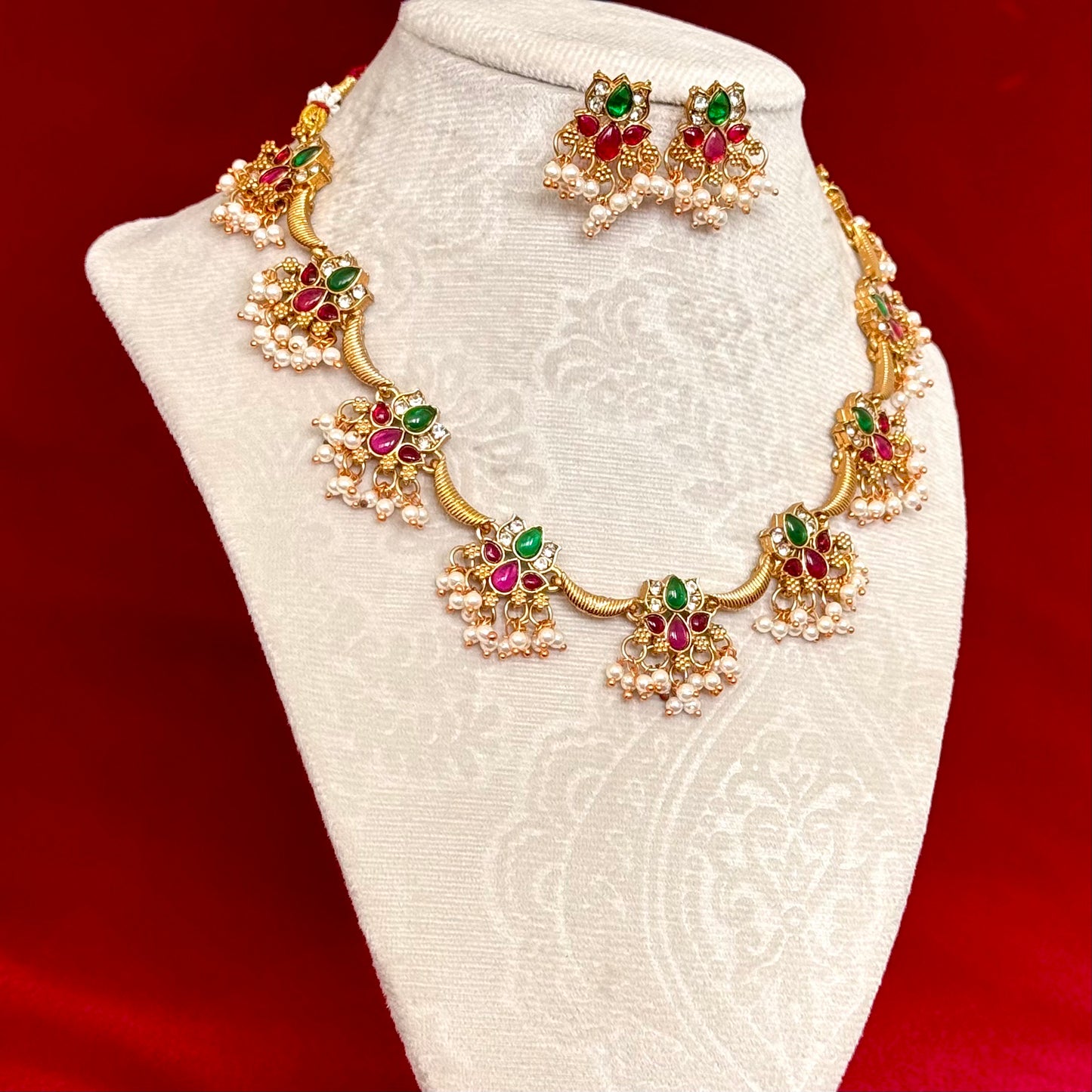 Temple Style Gold Necklace Set with Green & Ruby Stones, Pearl Drop Indian Jewelry, Traditional Bridal Necklace, Festive Wedding Jewelry Set