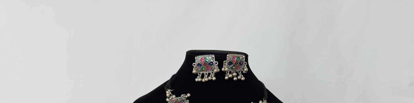 Oxidized Silver Necklace Set with Multicolor Enamel & Ghungroo, Indian Tribal Statement Jewelry, Boho Necklace Earrings Set, Festive Jewelry