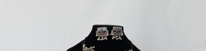 Oxidized Silver Necklace Set with Multicolor Enamel & Ghungroo, Indian Tribal Statement Jewelry, Boho Necklace Earrings Set, Festive Jewelry