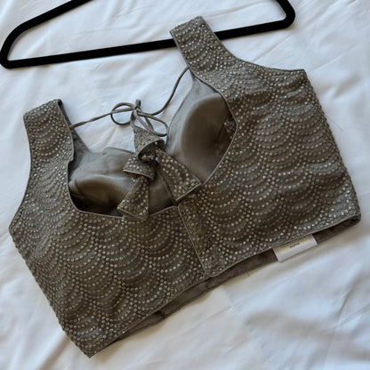 Designer Grey Sleeveless Blouse with Heavy Sequin Work, Lehenga Blouse, Crop top, Readymade Blouse, Wedding Blouse, Partywear blouse