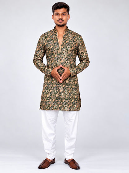 Men’s Green Printed Kurta Pajama Set, Armani Fabric Kurta with Golden Shine, Indian Ethnic Wear, Festive Diwali Wedding Outfit for Men