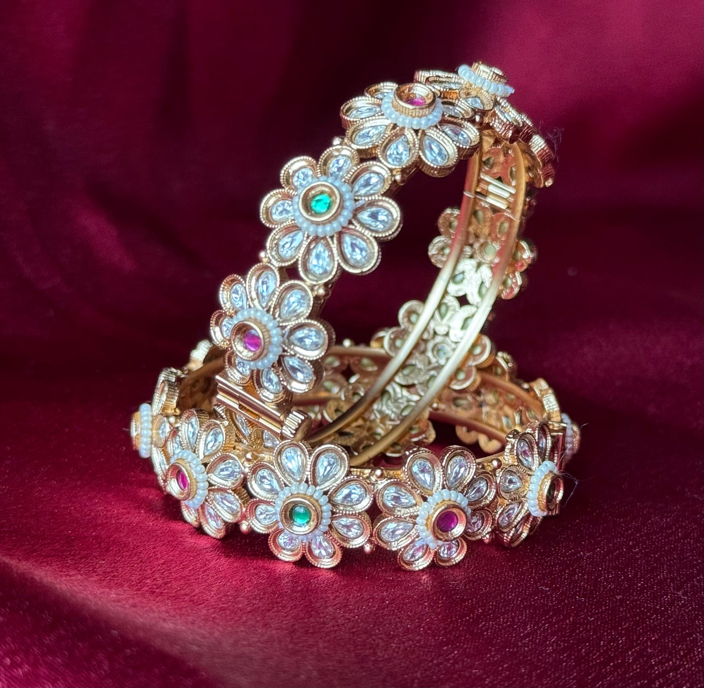 Handcrafted Kundan Floral Openable Kada | Gold-Tone Indian Bangle with Ruby & Emerald Stones