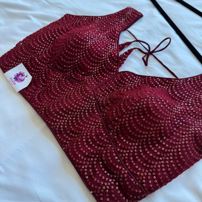 Designer Maroon Sleeveless Blouse with Heavy Sequin Work, Fancy blouse for Lehenga, Sarees, party wear Blouse, Top