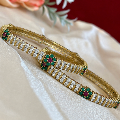 Elegant Gold Finish Crystal Bangles Set with Emerald Ruby Floral Design | Elegant Indian Bridal & Festive Kada | 2 Pc Set | ethnic bangles