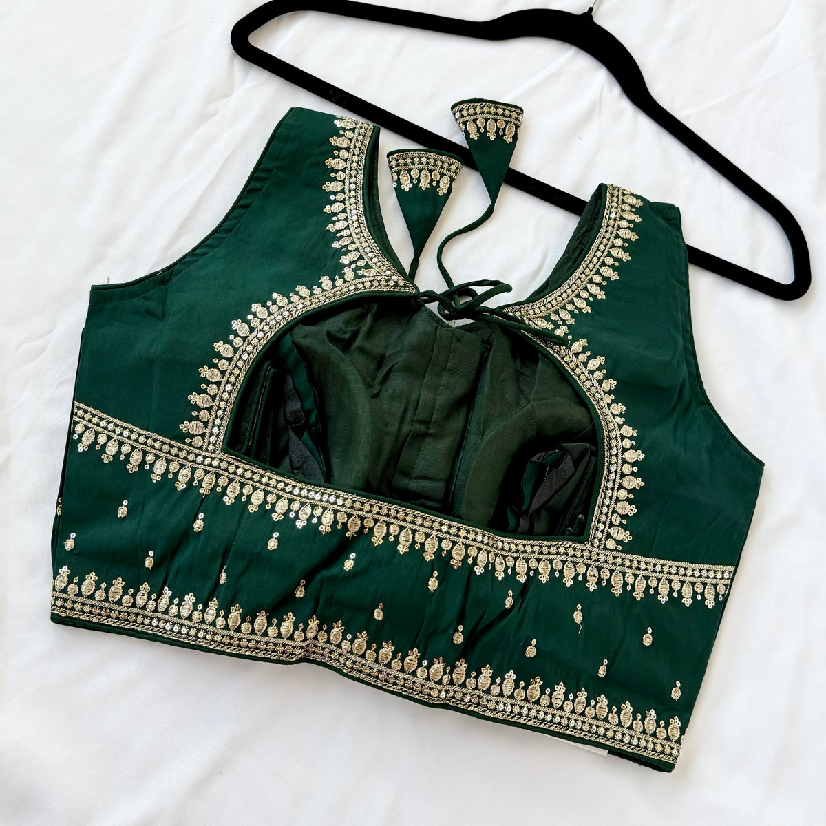 Green Jacquard Saree Blouse, Gold Embroidered Designer Blouse, Deep Back Neck Blouse with Latkan, Ready to Wear Indian Blouse, Crop top