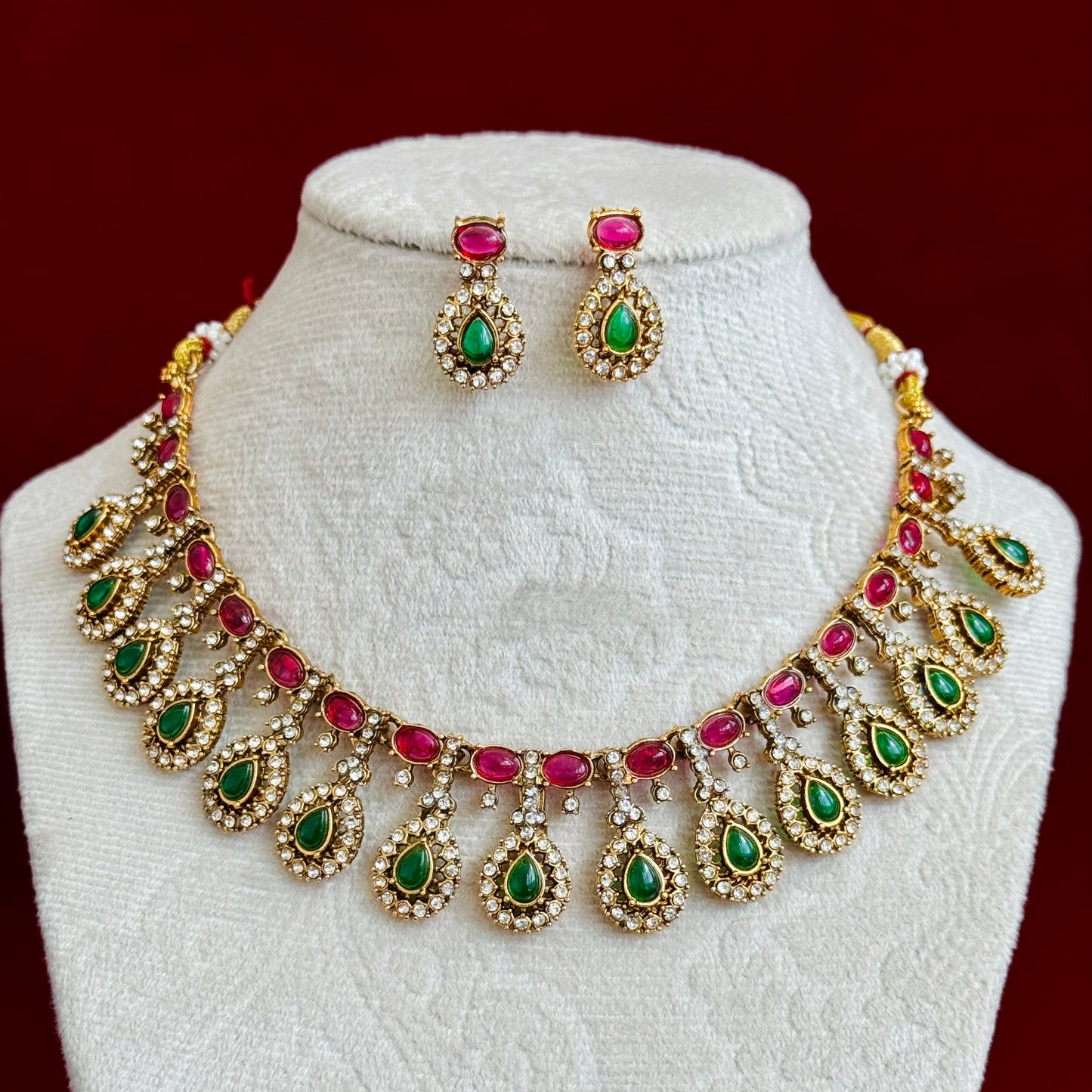 Emerald Green & Ruby Pink Stone Necklace Set, Gold Bridal Jewelry Set, Wedding Necklace, Statement CZ Necklace with Earrings, Festive wear